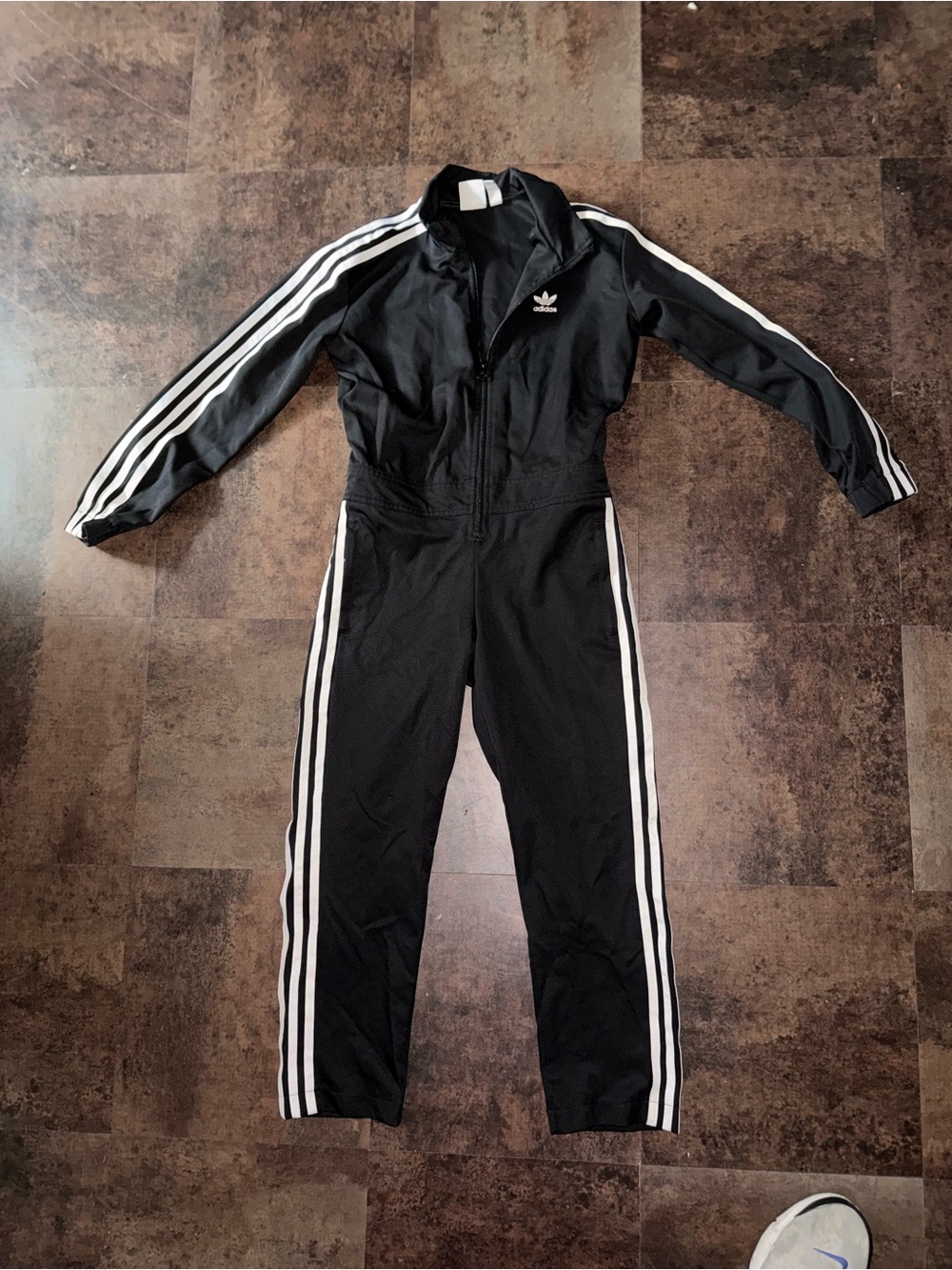kids Adidas Black Track Jumpsuit with White Stripes